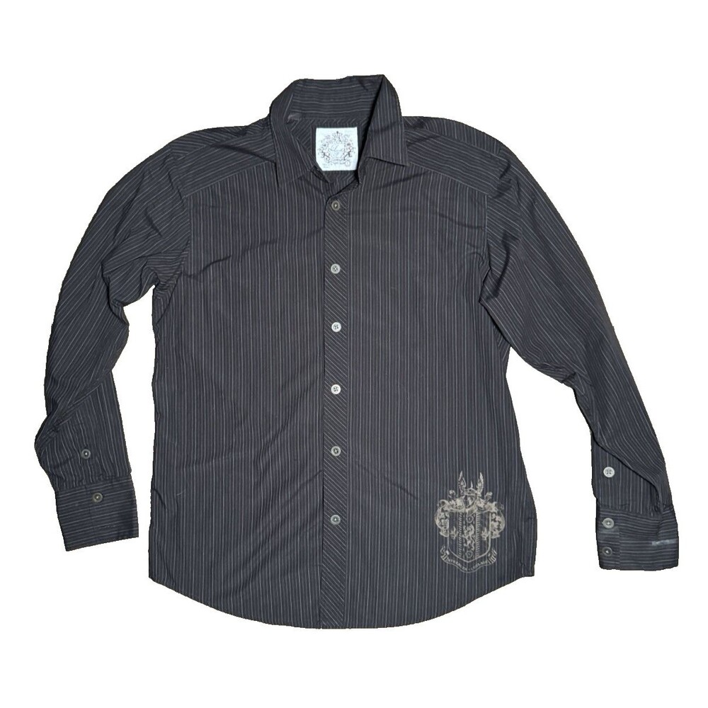 Level Ten Grunge Mens Y2K Striped Button Collard Shirt Long Sleeve Large
